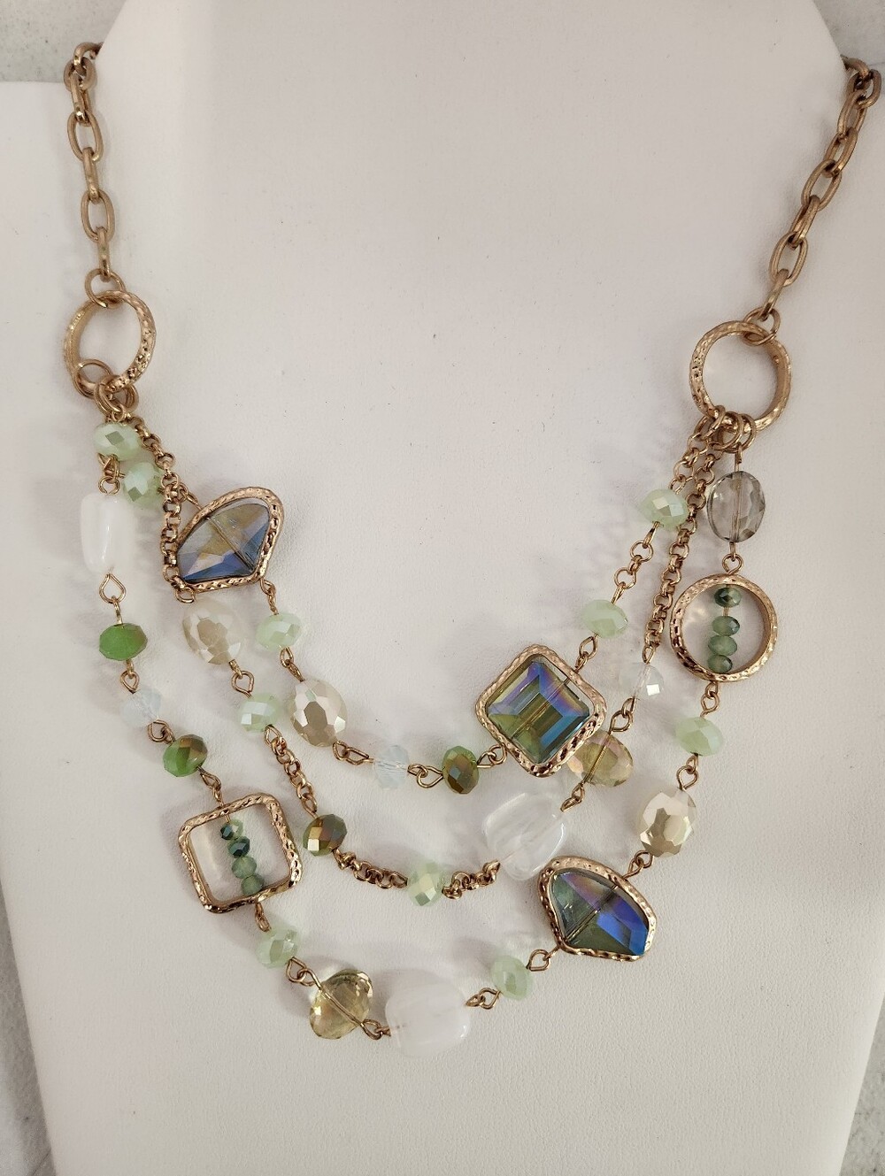 Gold-Tone Multi-Strand Necklace with Green and Iridescent Beads